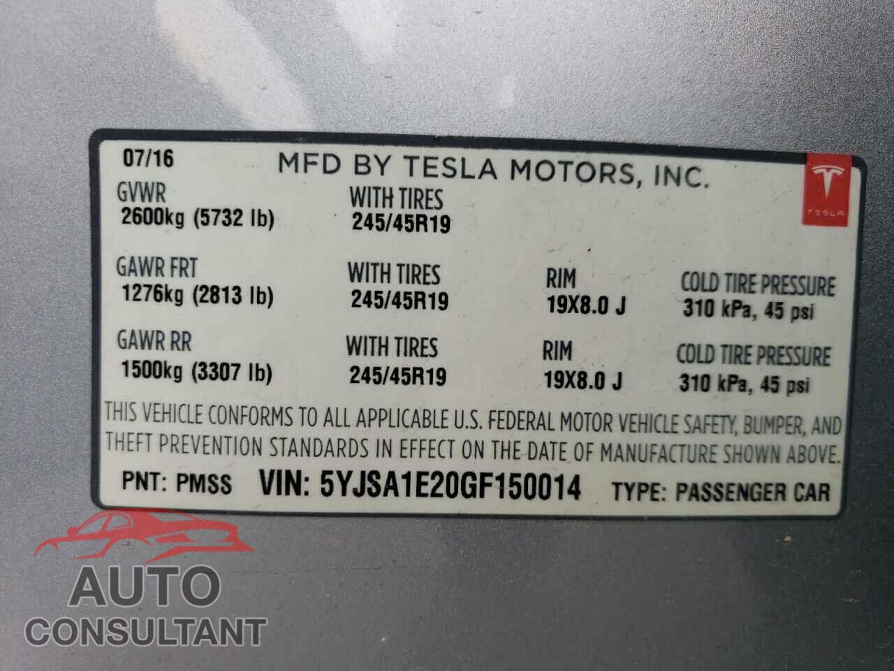TESLA MODEL S 2016 - 5YJSA1E20GF150014