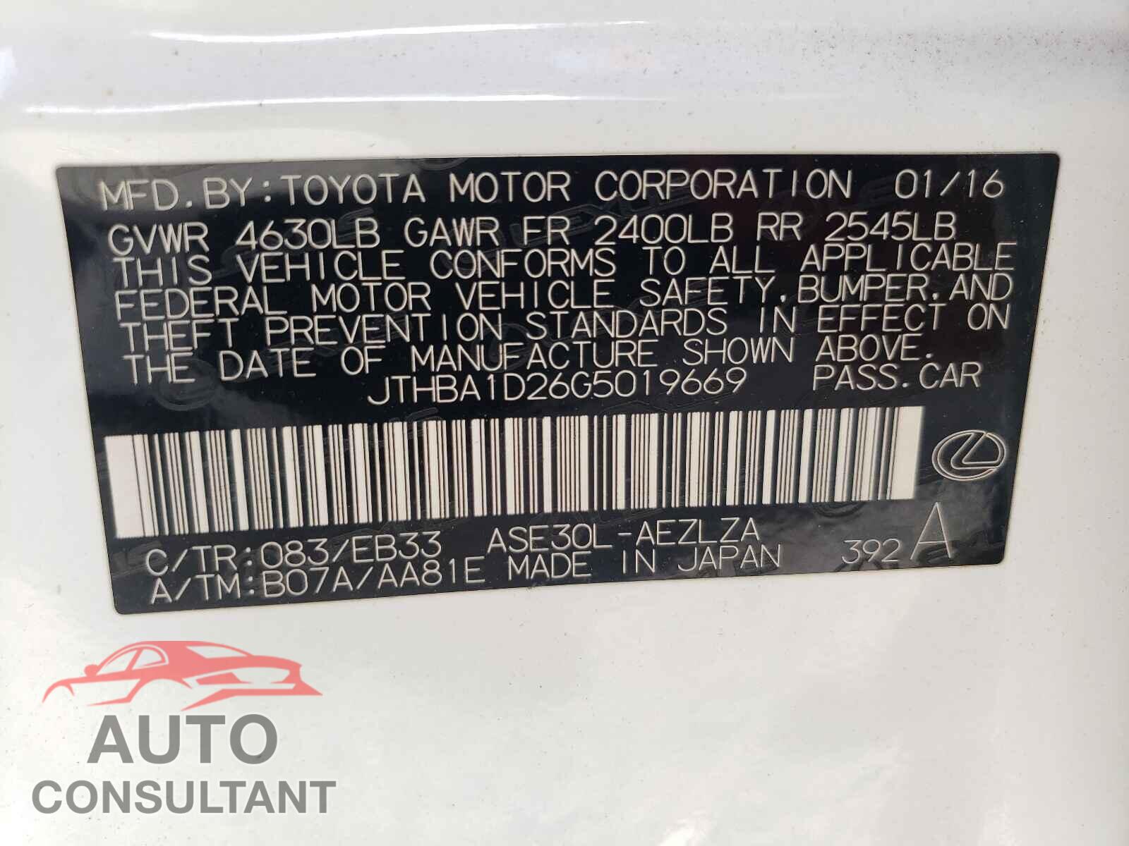 LEXUS IS 2016 - JTHBA1D26G5019669