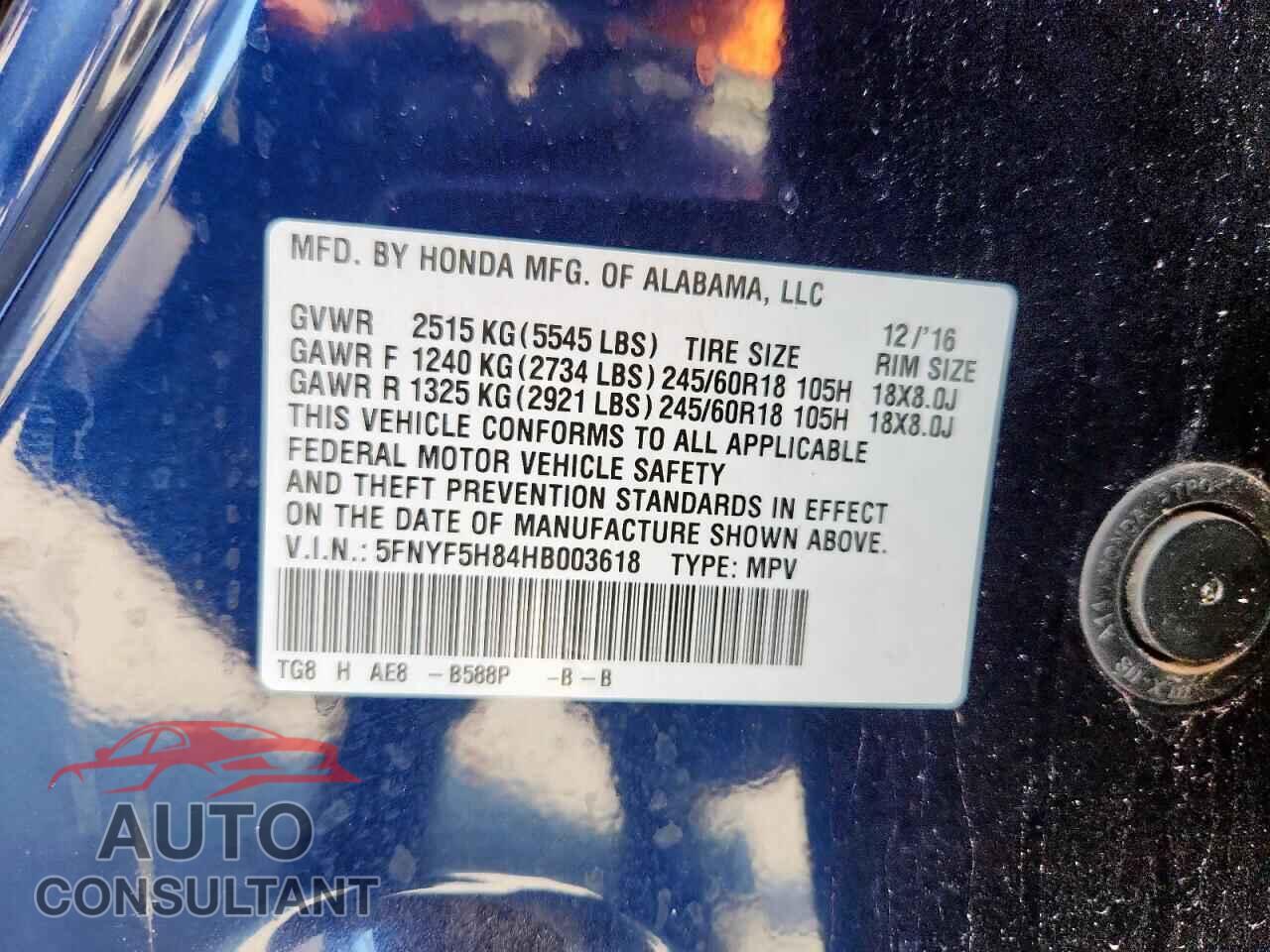 HONDA PILOT 2017 - 5FNYF5H84HB003618