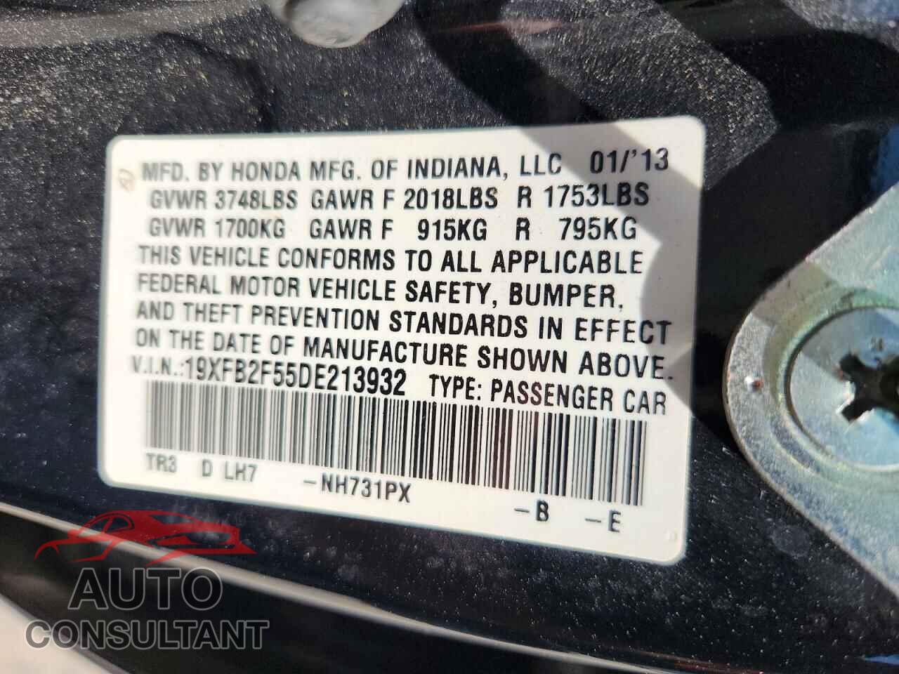 HONDA CIVIC 2013 - 19XFB2F55DE213932