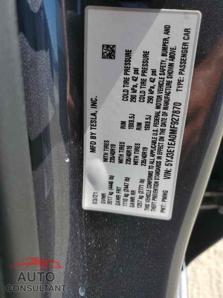TESLA MODEL 3 2021 - 5YJ3E1EA0MF927870