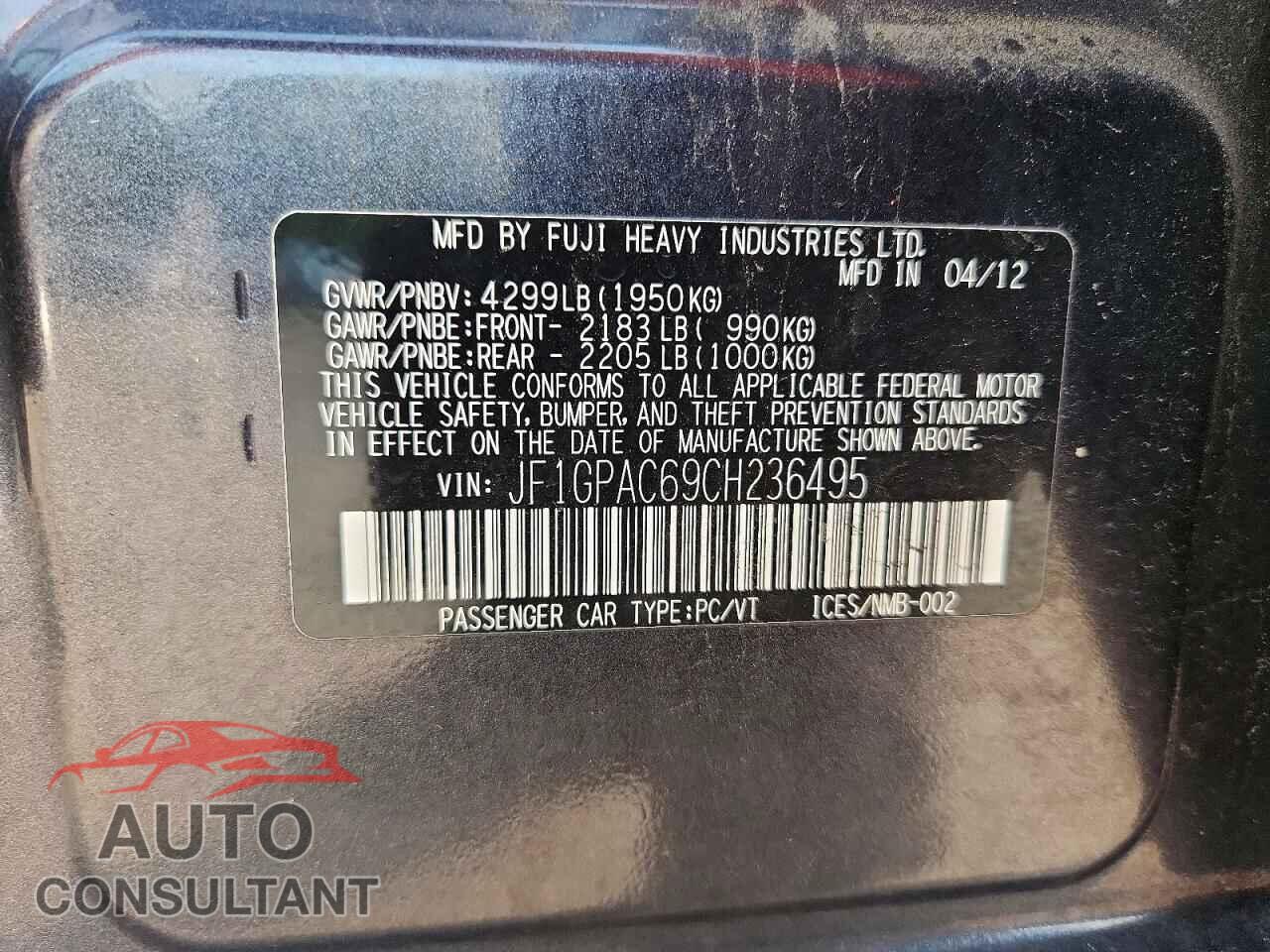 SUBARU IMPREZA 2012 - JF1GPAC69CH236495