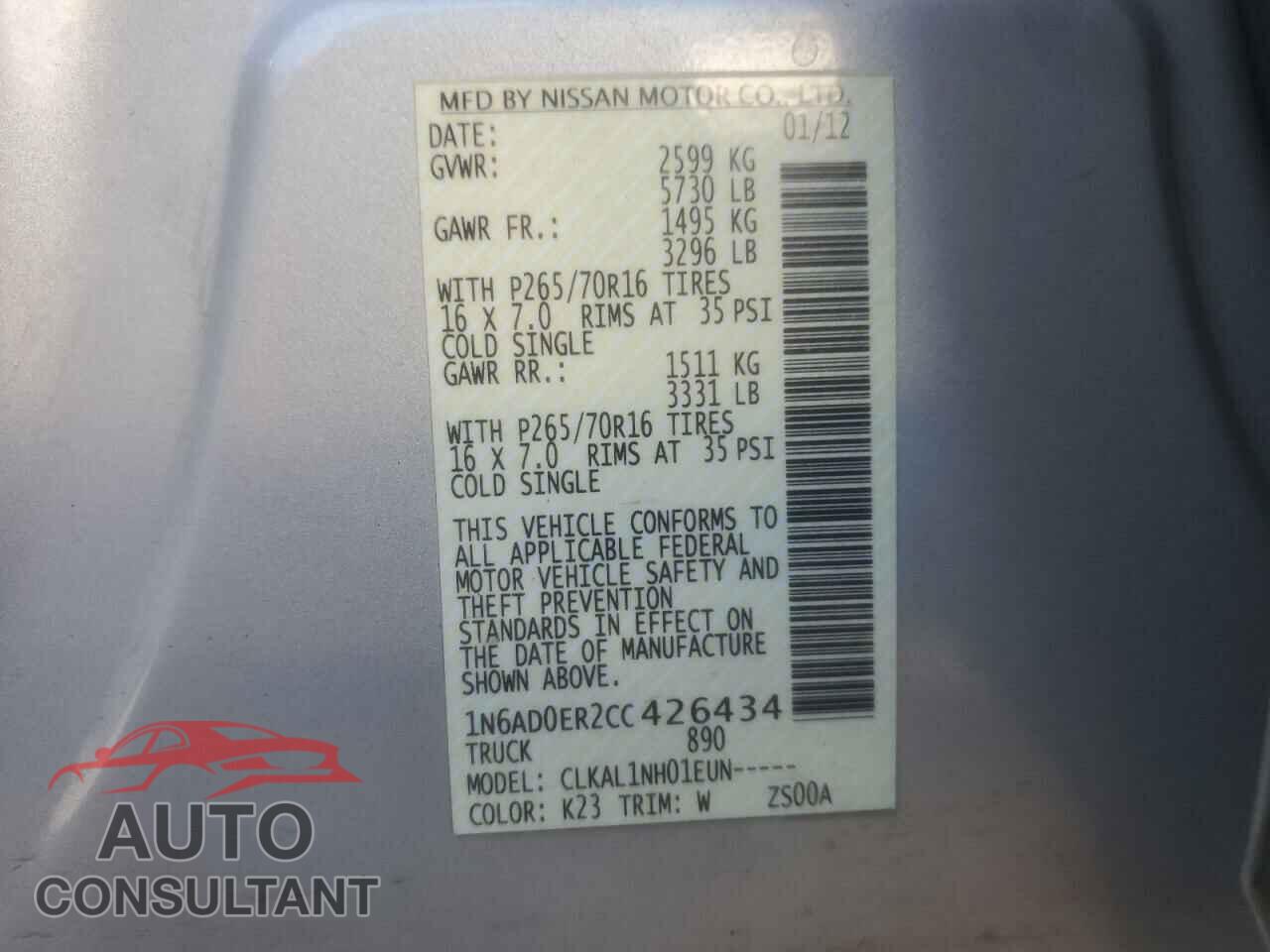 NISSAN FRONTIER 2012 - 1N6AD0ER2CC426434