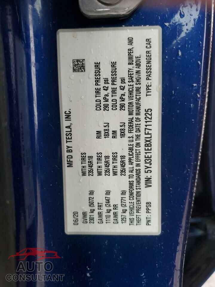 TESLA MODEL 3 2020 - 5YJ3E1EBXLF711225