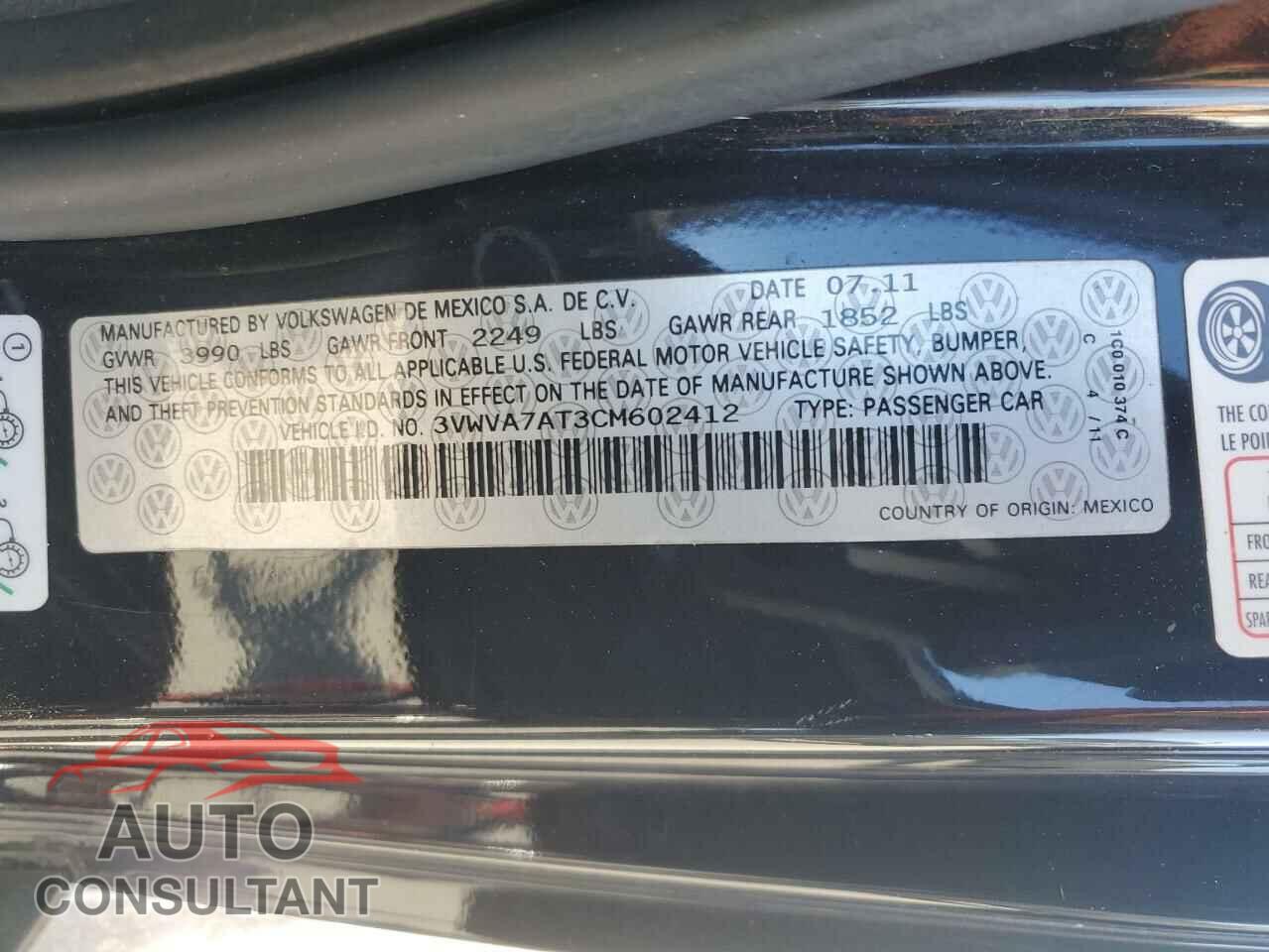 VOLKSWAGEN BEETLE 2012 - 3VWVA7AT3CM602412