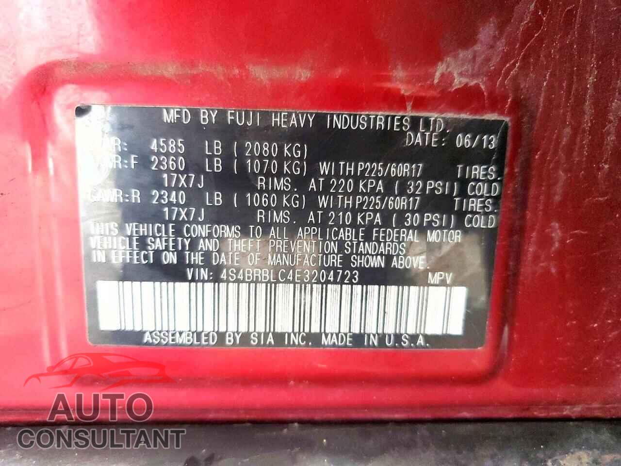 SUBARU OUTBACK 2014 - 4S4BRBLC4E3204723