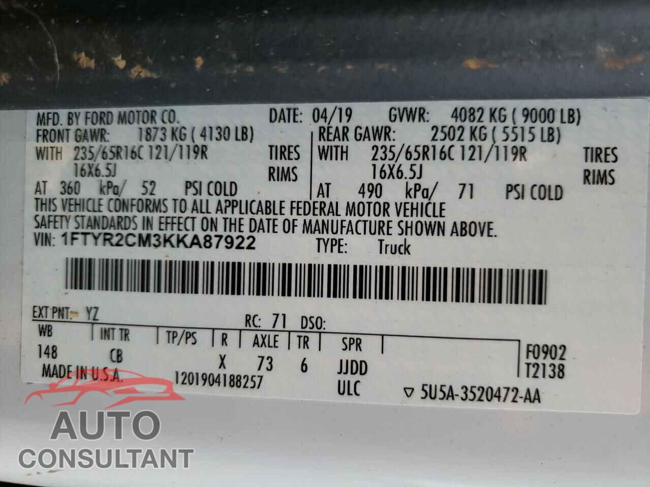 FORD TRANSIT CO 2019 - 1FTYR2CM3KKA87922