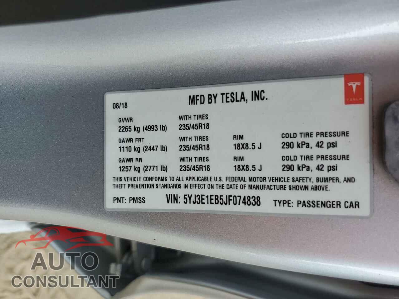 TESLA MODEL 3 2018 - 5YJ3E1EB5JF074838