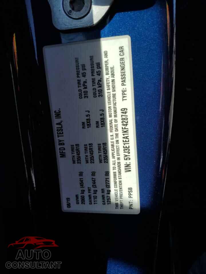TESLA MODEL 3 2019 - 5YJ3E1EA1KF428749