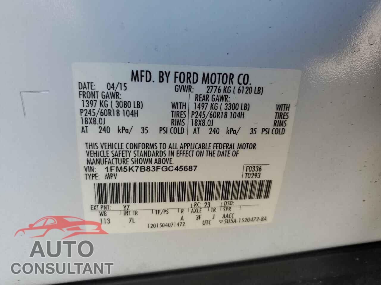 FORD EXPLORER 2015 - 1FM5K7B83FGC45687