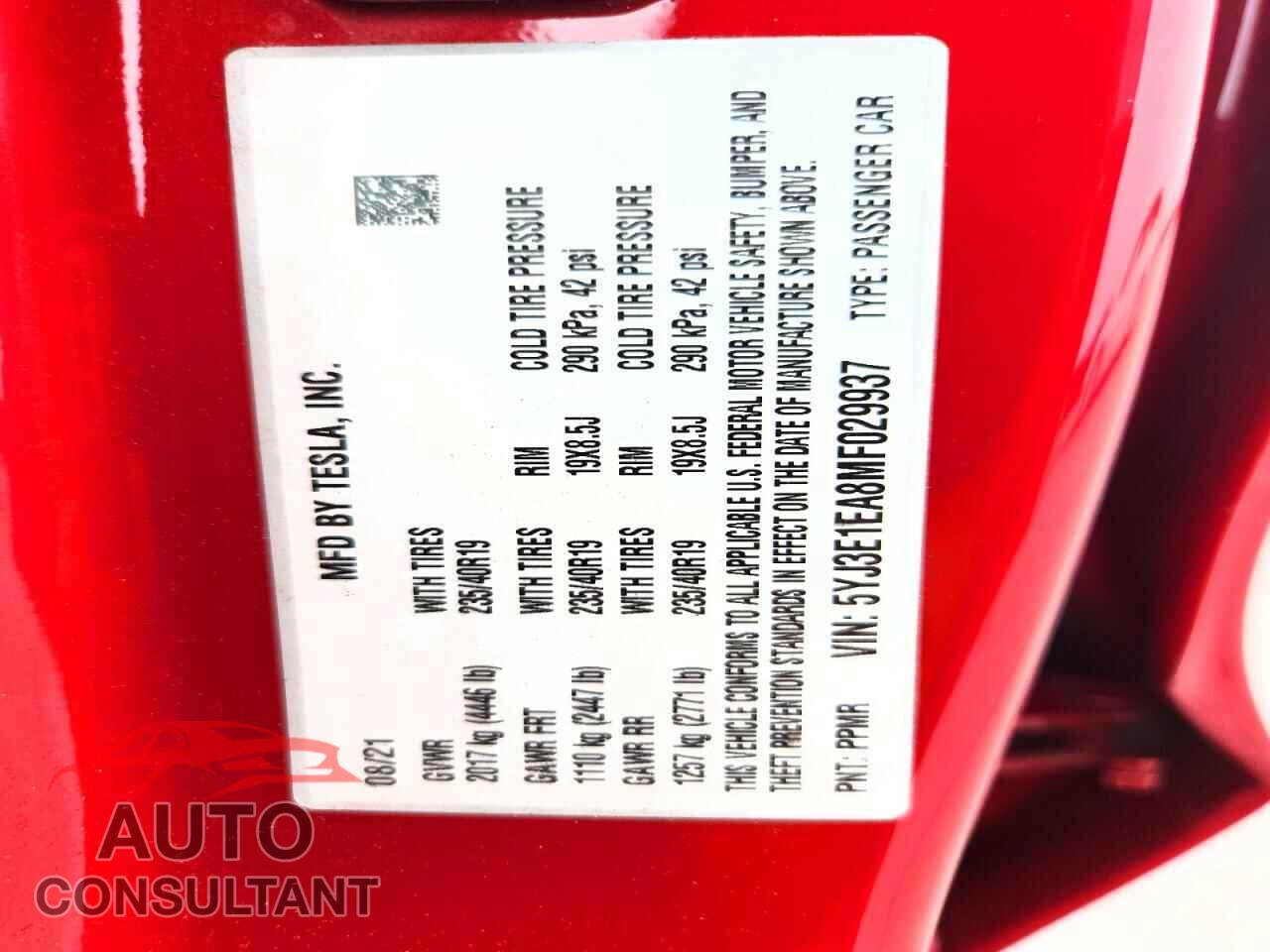 TESLA MODEL 3 2021 - 5YJ3E1EA8MF029937