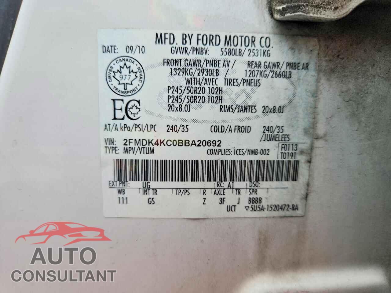 FORD EDGE 2011 - 2FMDK4KC0BBA20692