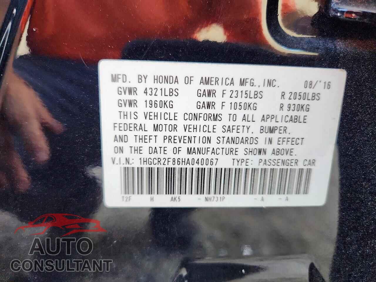 HONDA ACCORD 2017 - 1HGCR2F86HA040067