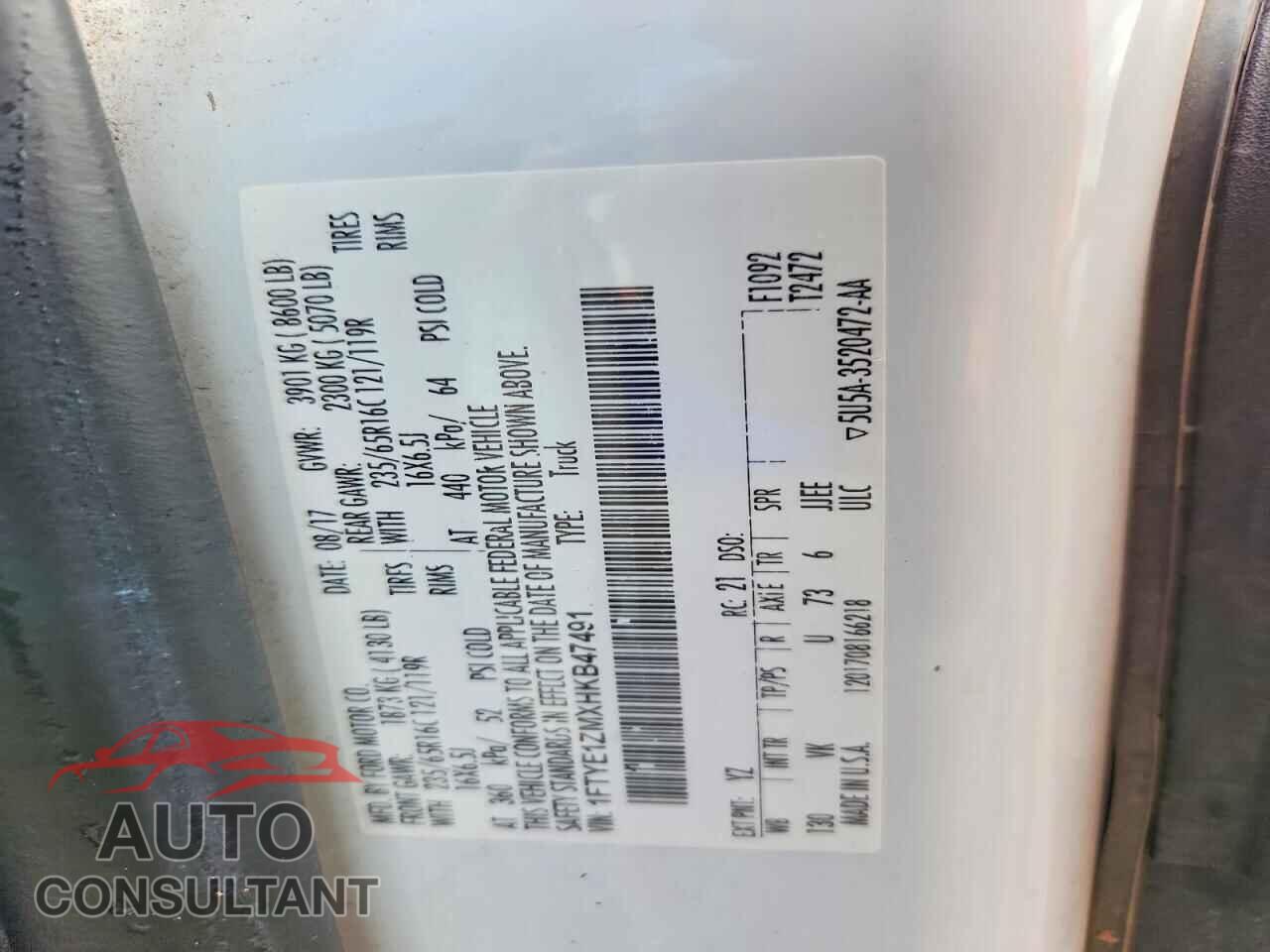 FORD TRANSIT CO 2017 - 1FTYE1ZMXHKB47491