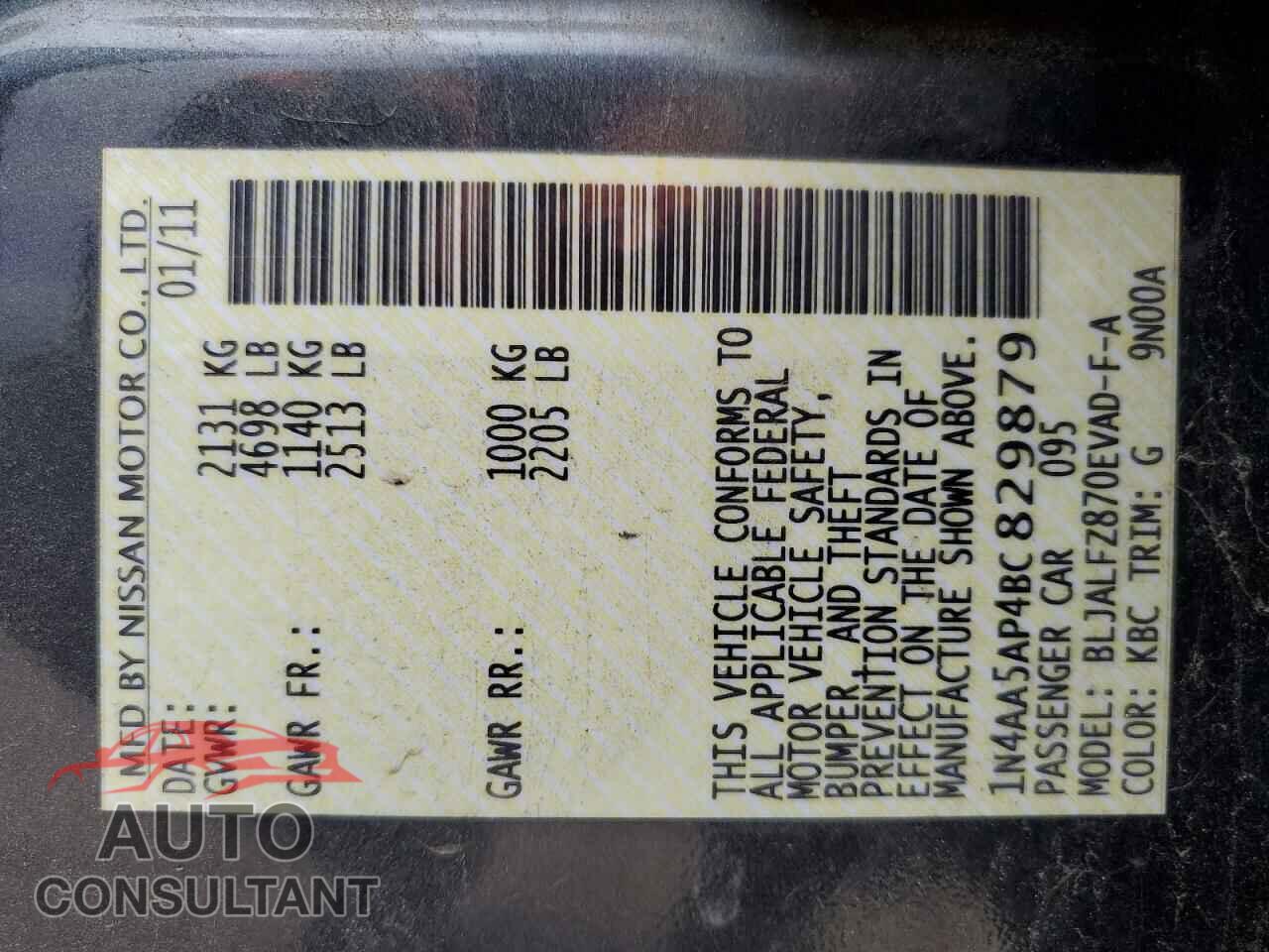 NISSAN MAXIMA 2011 - 1N4AA5AP4BC829879