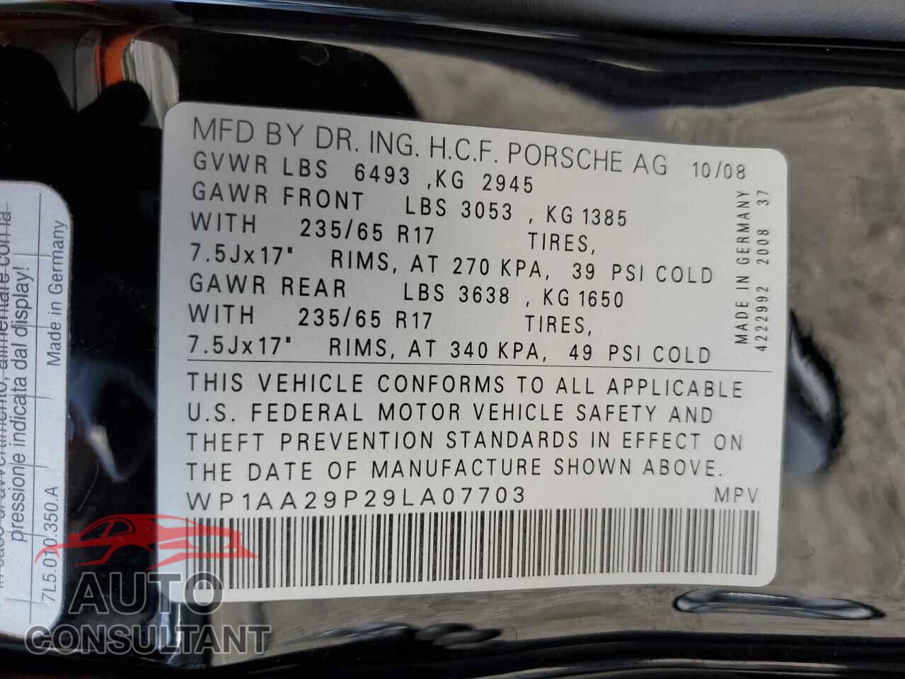 PORSCHE CAYENNE 2009 - WP1AA29P29LA07703
