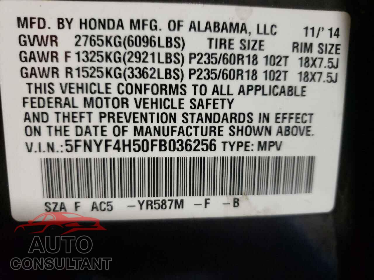 HONDA PILOT 2015 - 5FNYF4H50FB036256