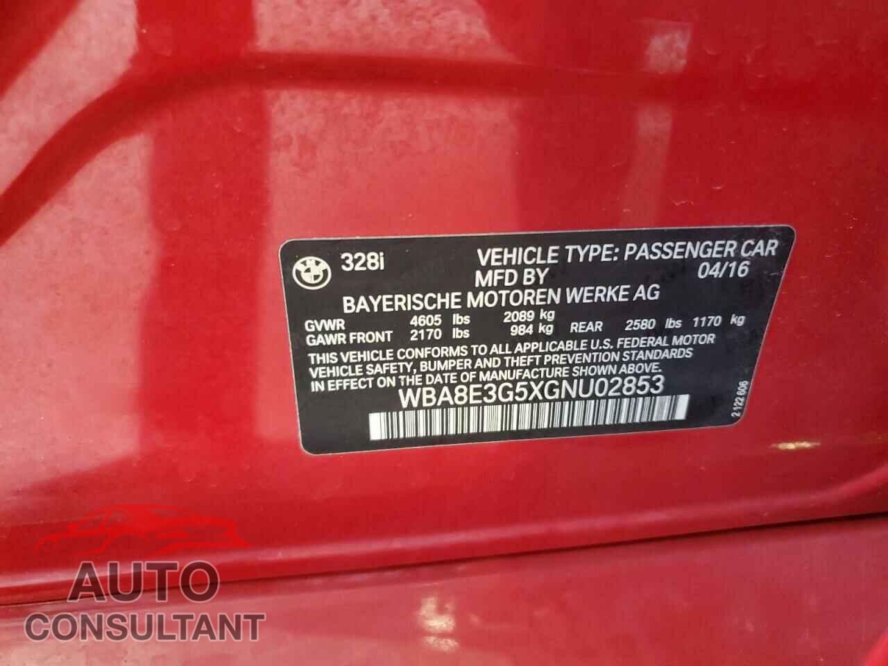 BMW 3 SERIES 2016 - WBA8E3G5XGNU02853