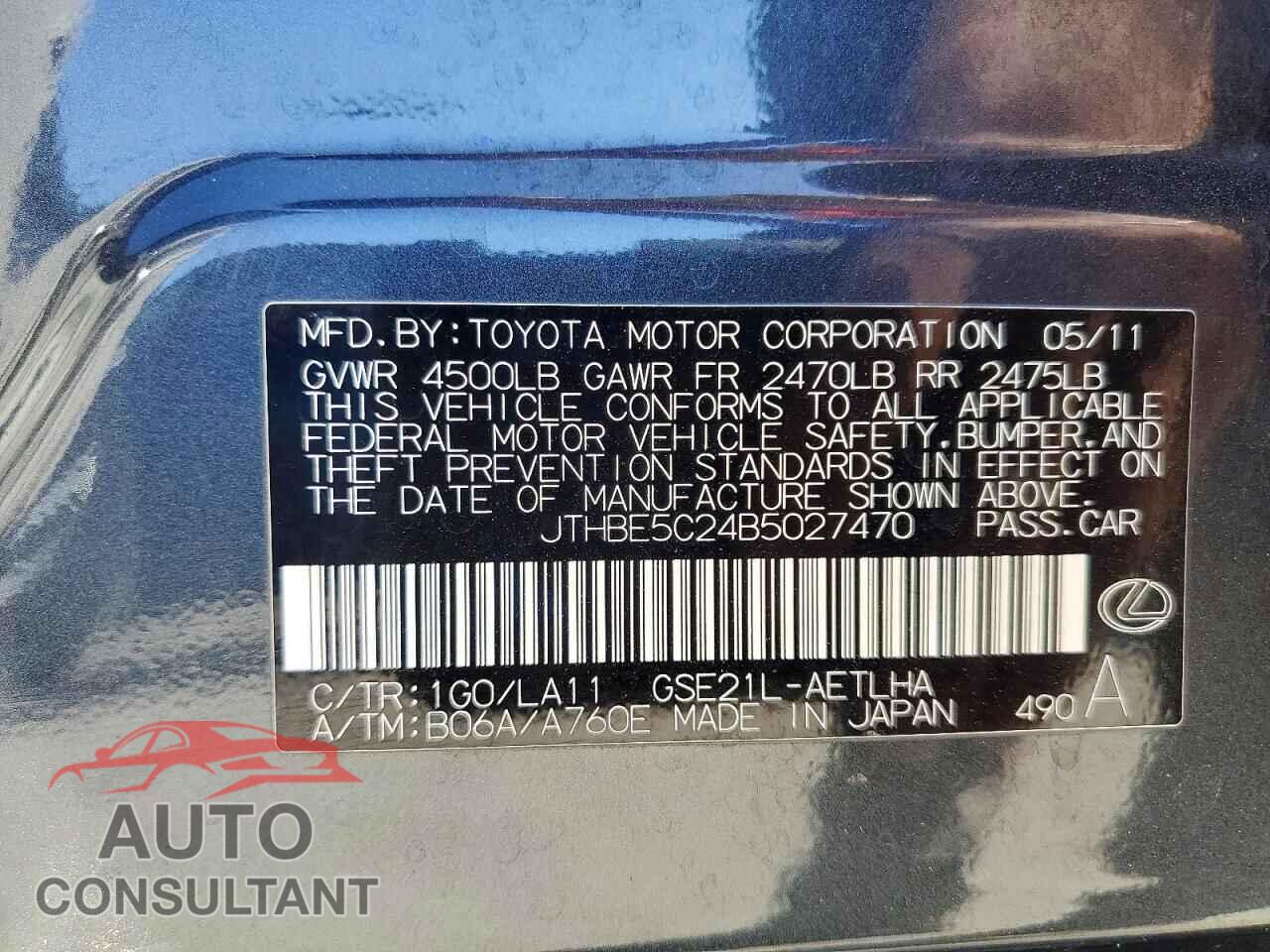 LEXUS IS 2011 - JTHBE5C24B5027470