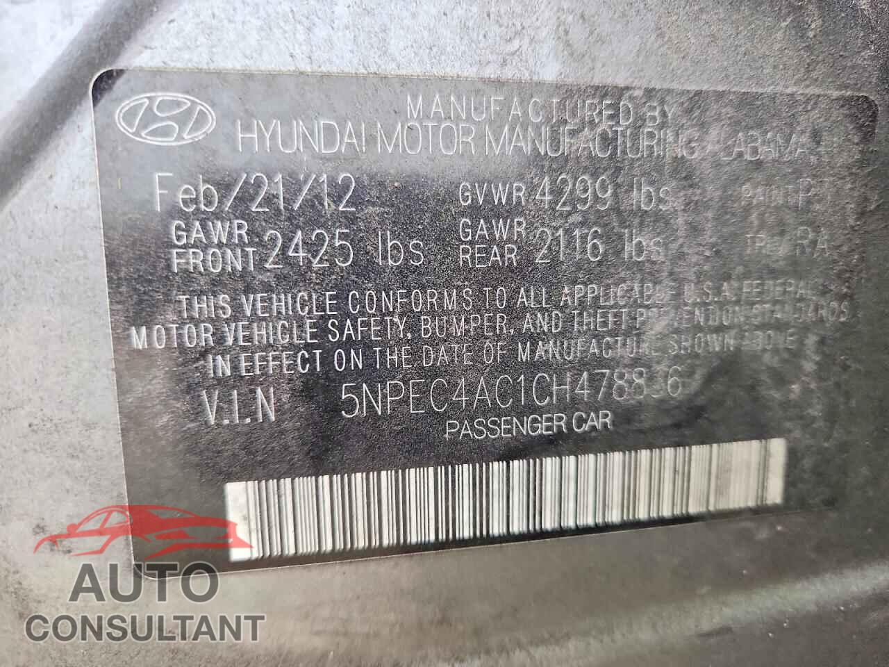 HYUNDAI SONATA 2012 - 5NPEC4AC1CH478836