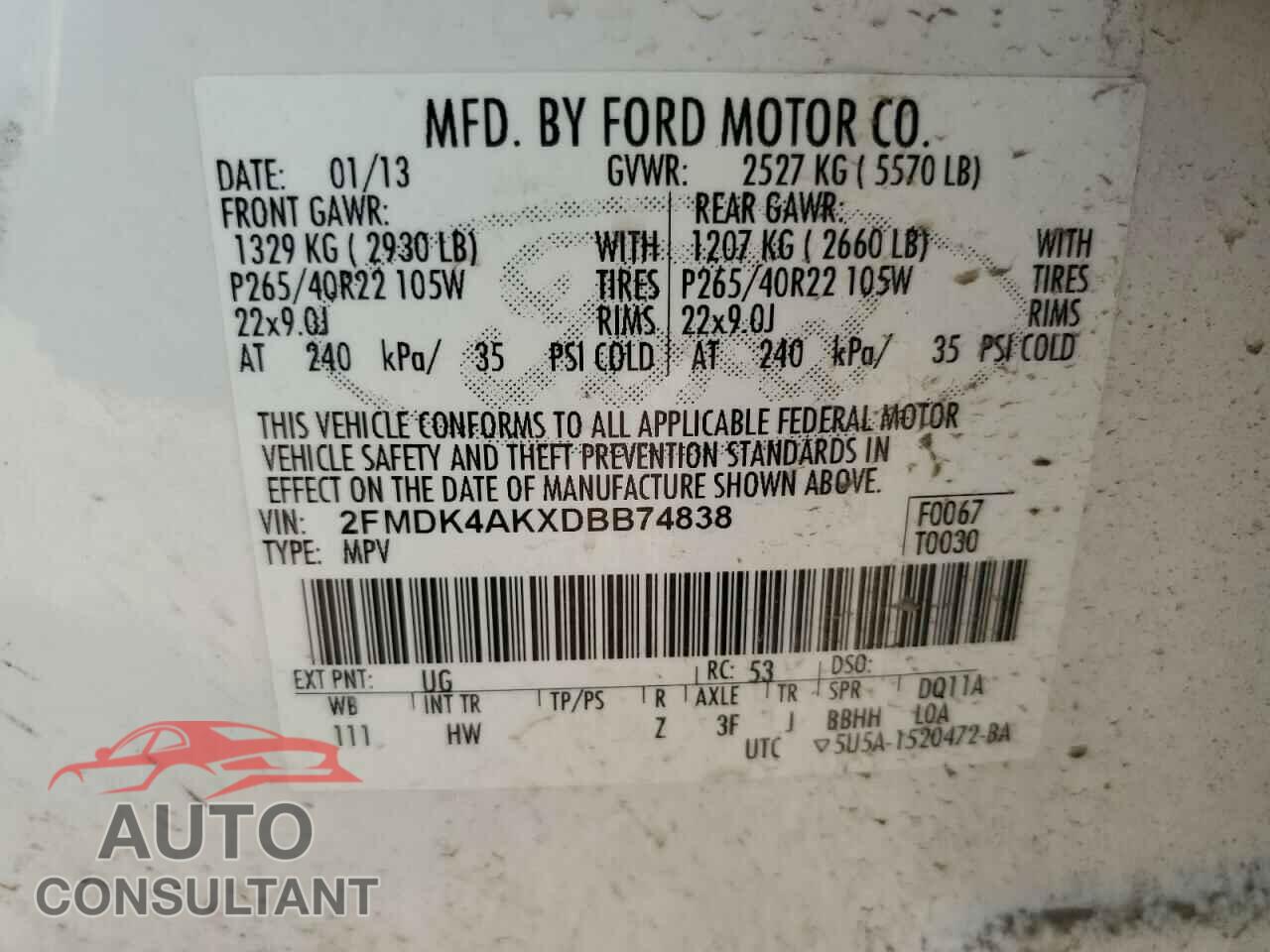 FORD EDGE 2013 - 2FMDK4AKXDBB74838