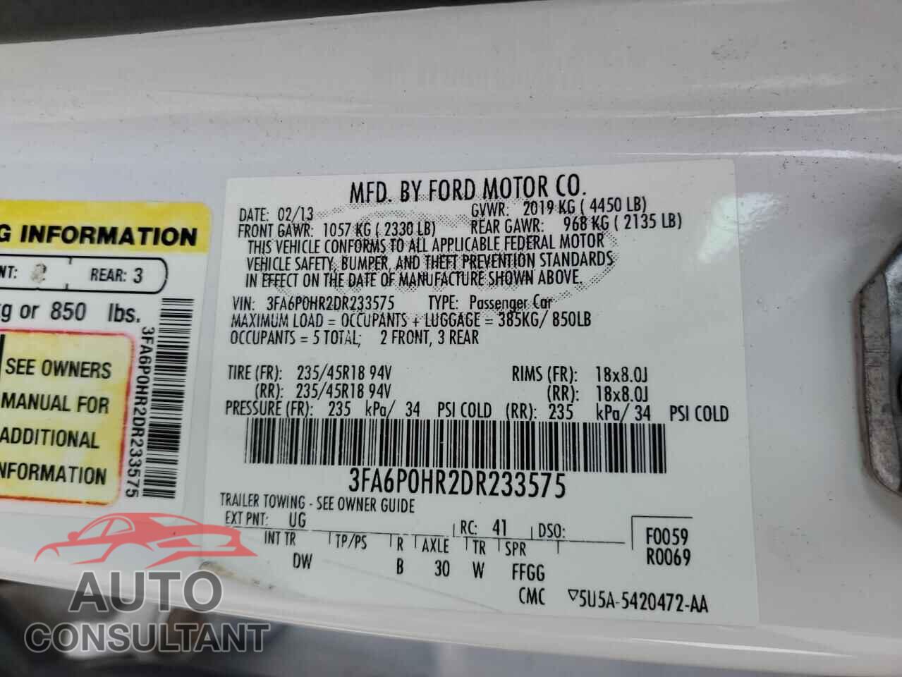 FORD FUSION 2013 - 3FA6P0HR2DR233575