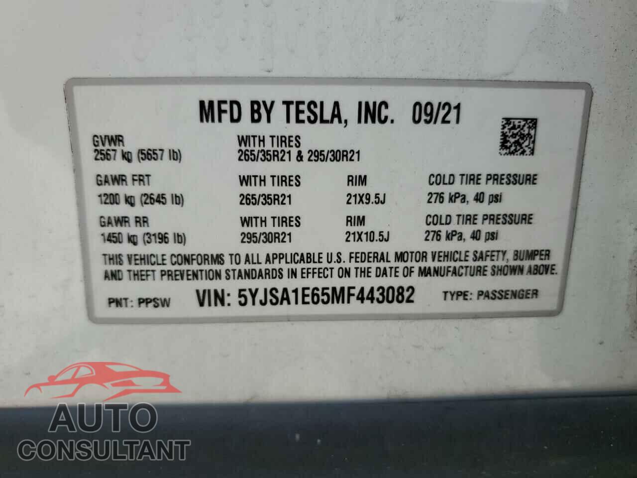 TESLA MODEL S 2021 - 5YJSA1E65MF443082