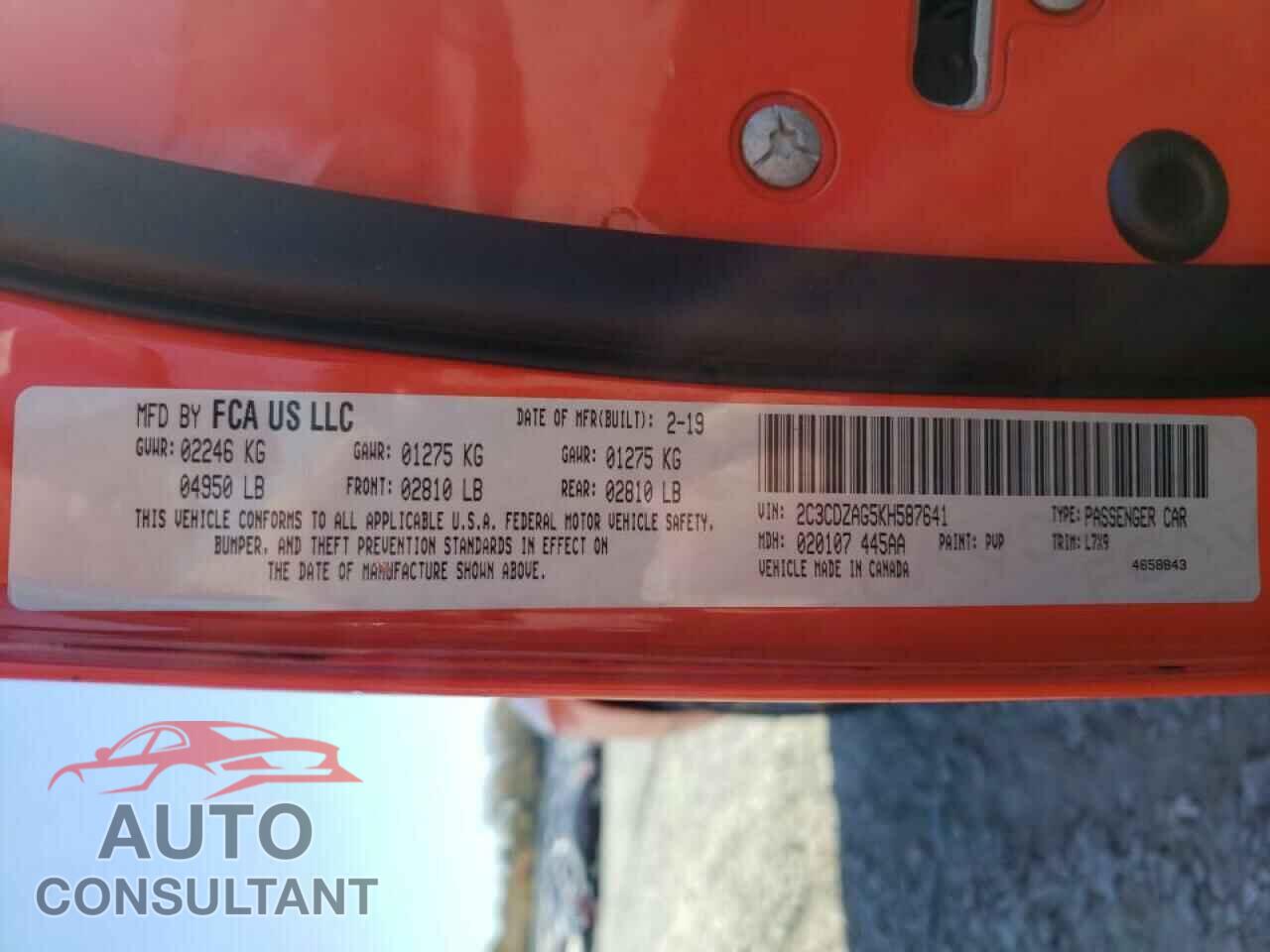 DODGE CHALLENGER 2019 - 2C3CDZAG5KH587641