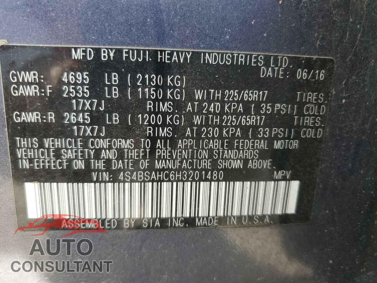 SUBARU OUTBACK 2017 - 4S4BSAHC6H3201480