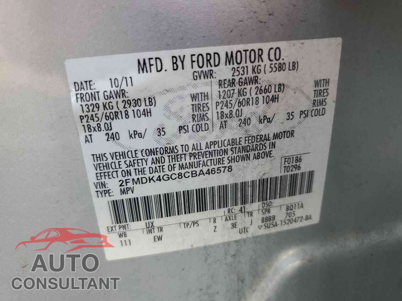 FORD EDGE 2012 - 2FMDK4GC8CBA46578