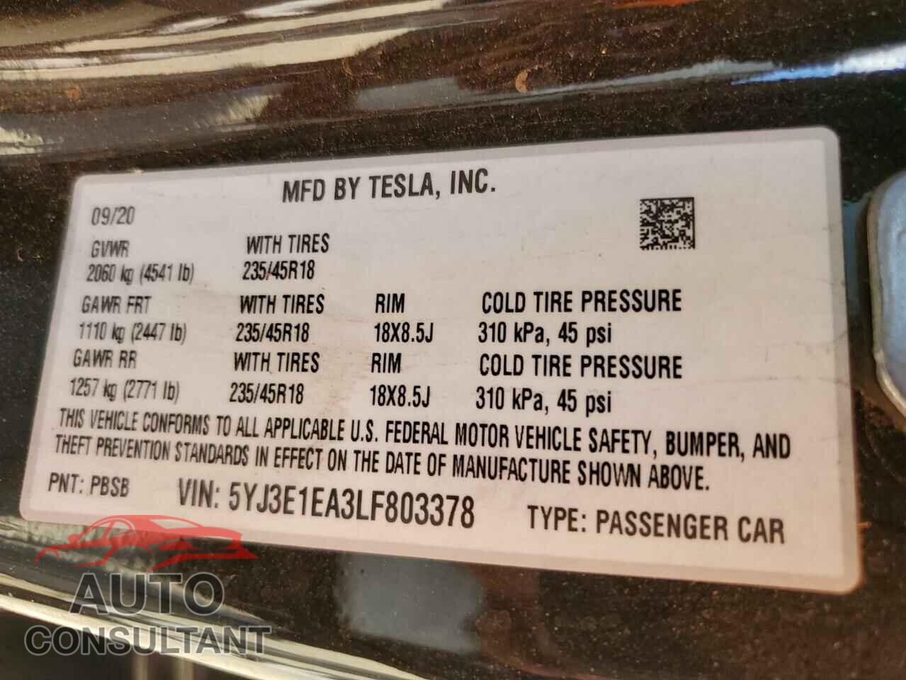 TESLA MODEL 3 2020 - 5YJ3E1EA3LF803378