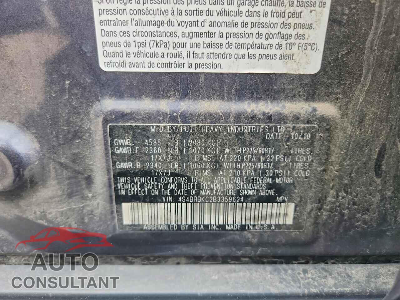 SUBARU OUTBACK 2011 - 4S4BRBKC2B3359624
