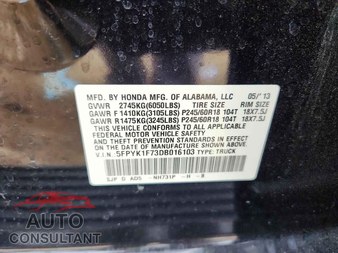 HONDA RIDGELINE 2013 - 5FPYK1F73DB016103