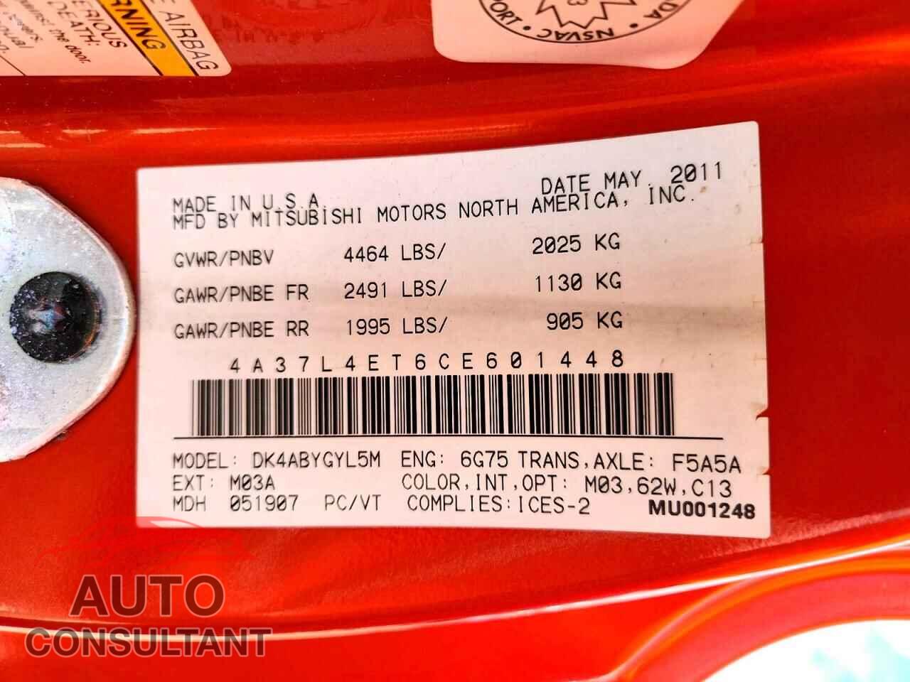 MITSUBISHI ECLIPSE 2012 - 4A37L4ET6CE601448