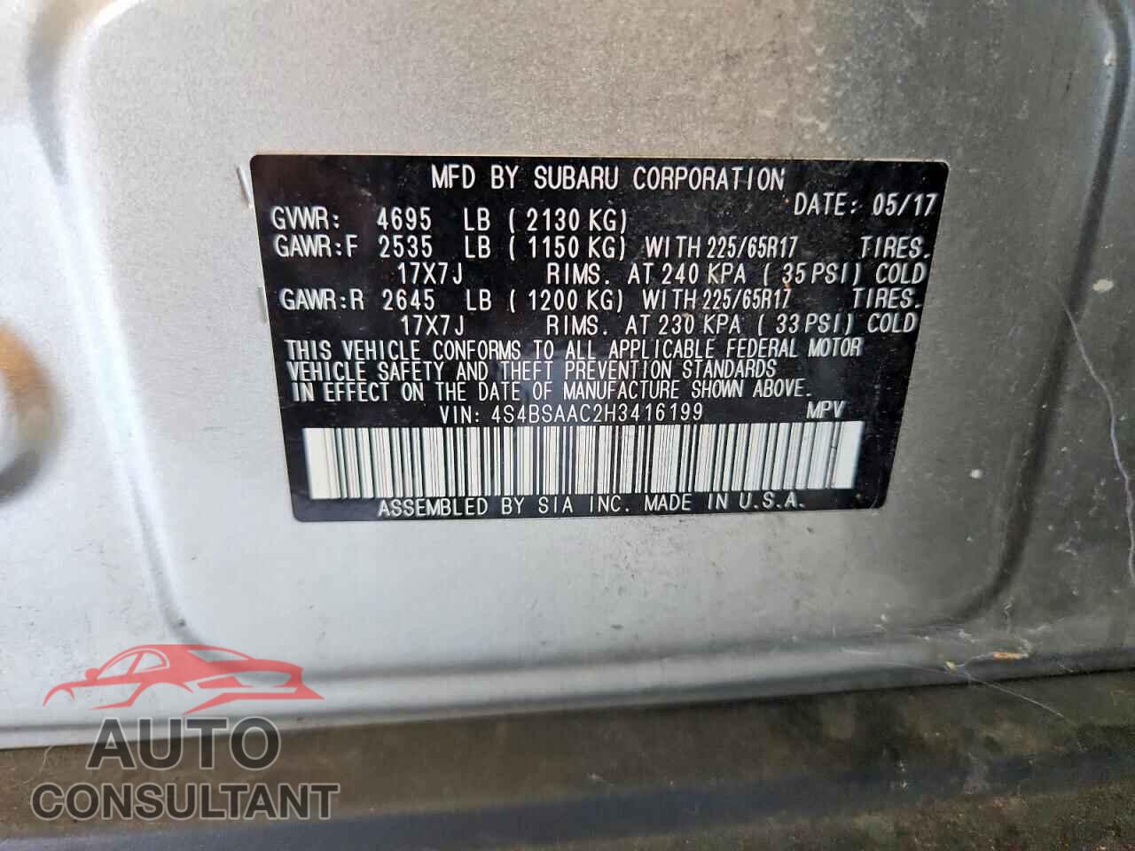 SUBARU OUTBACK 2017 - 4S4BSAAC2H3416199