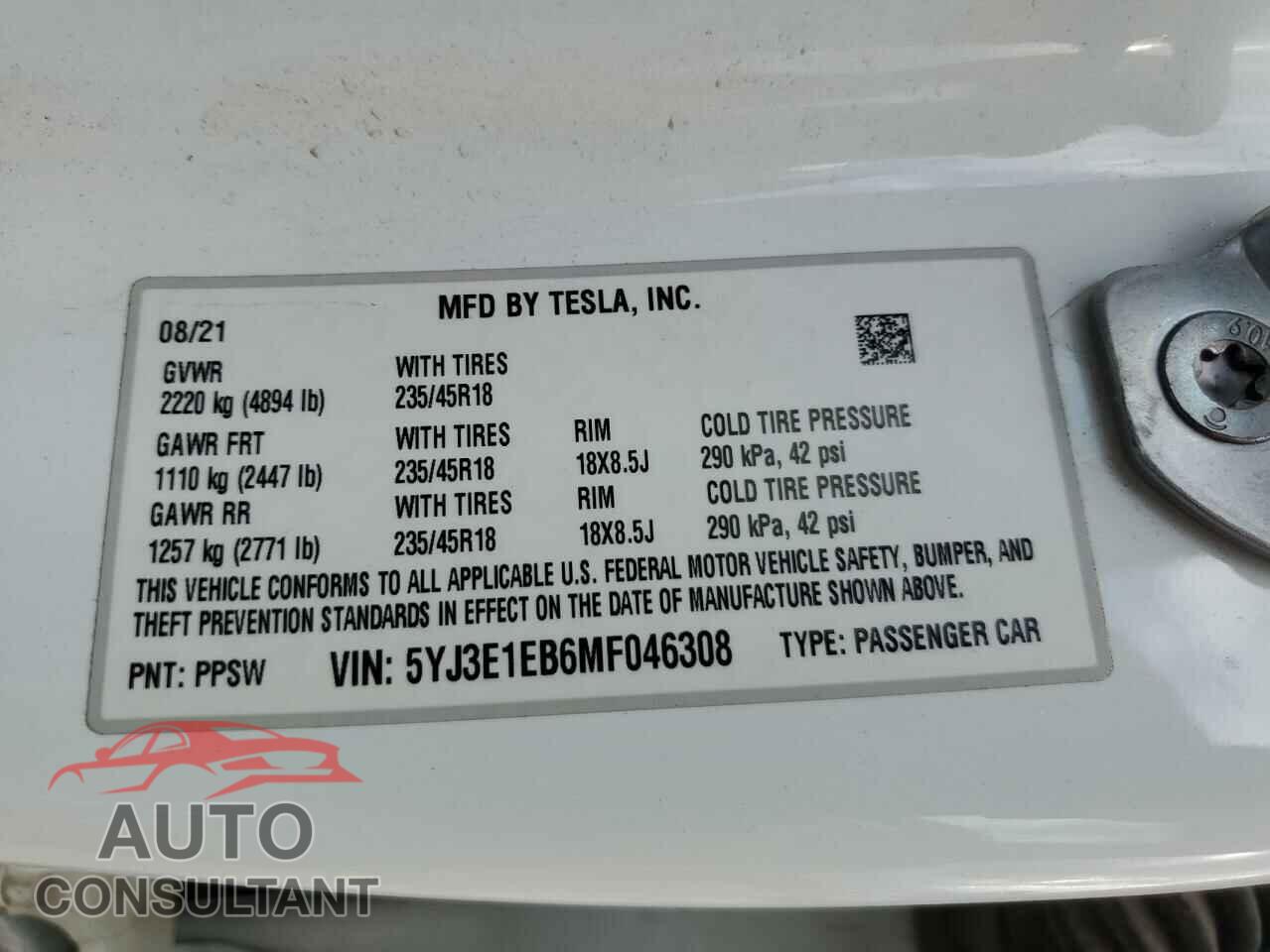 TESLA MODEL 3 2021 - 5YJ3E1EB6MF046308