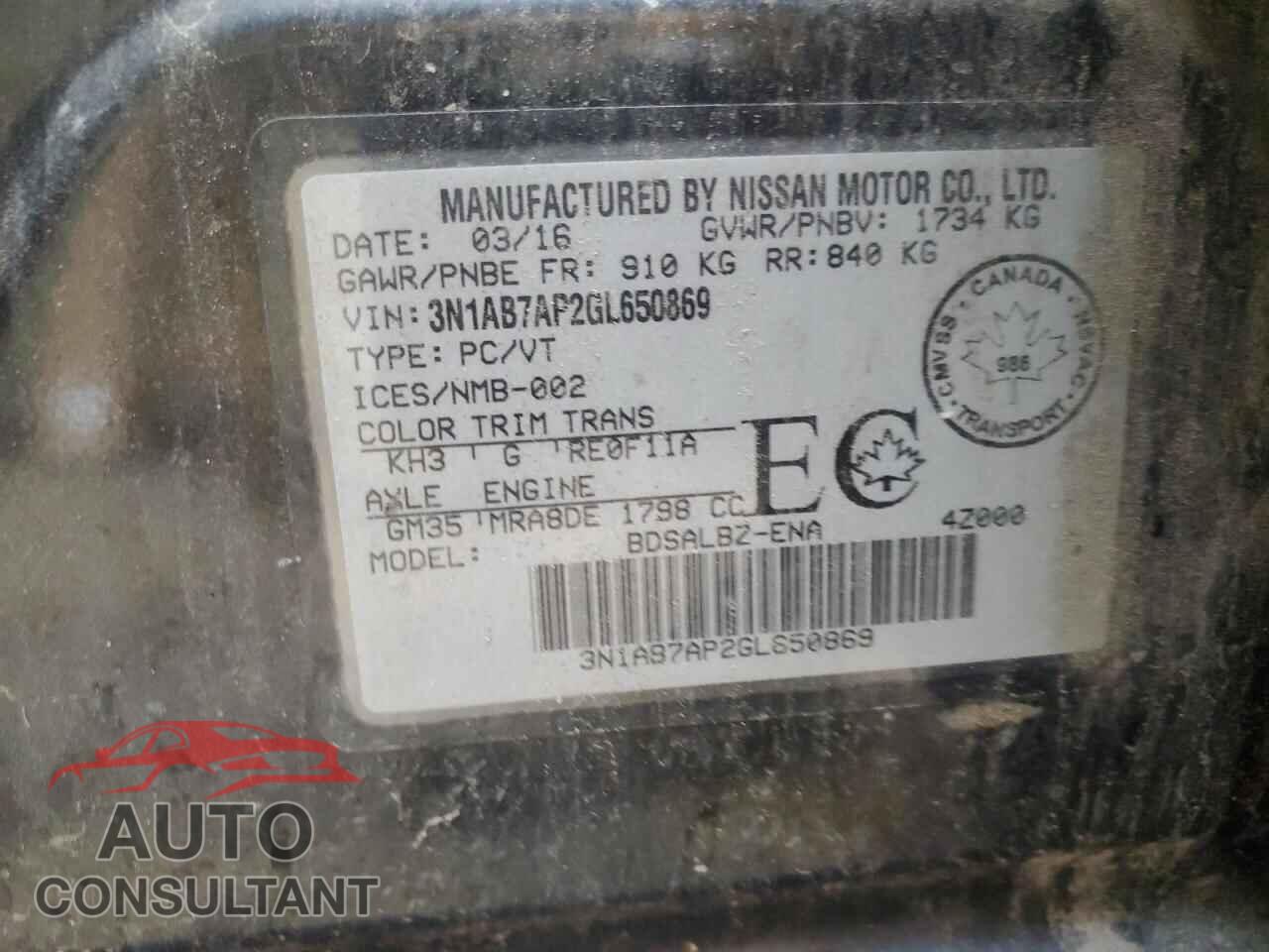 NISSAN SENTRA 2016 - 3N1AB7AP2GL650869