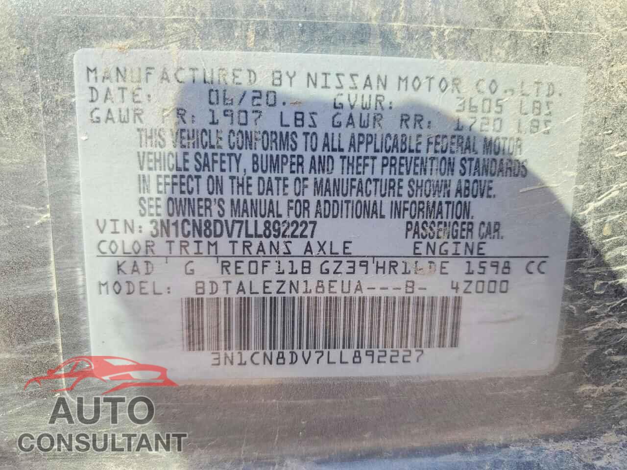 NISSAN VERSA 2020 - 3N1CN8DV7LL892227
