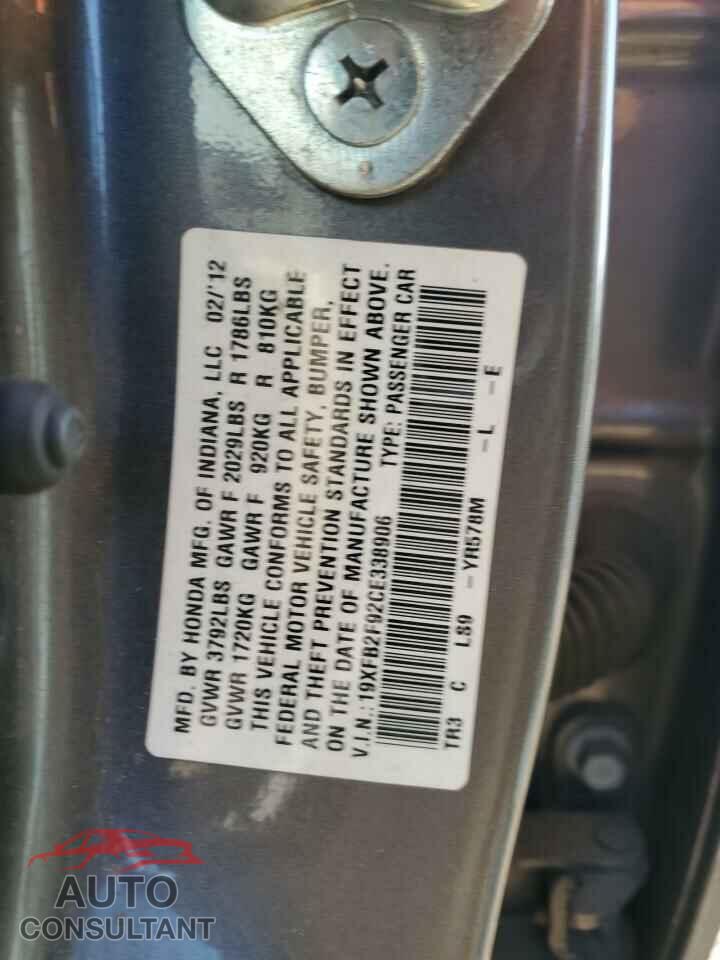 HONDA CIVIC 2012 - 19XFB2F92CE338906