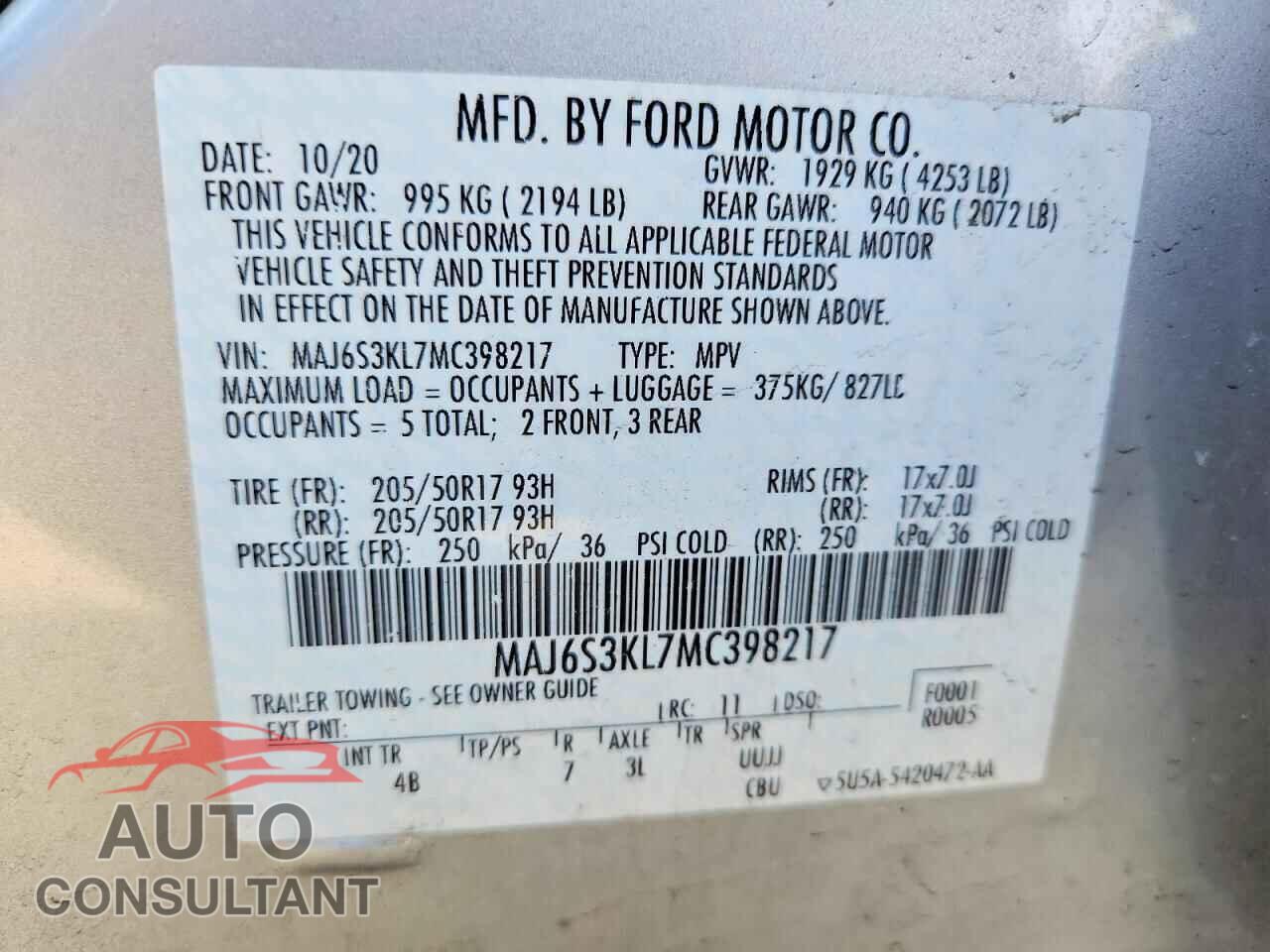 FORD ECOSPORT 2021 - MAJ6S3KL7MC398217