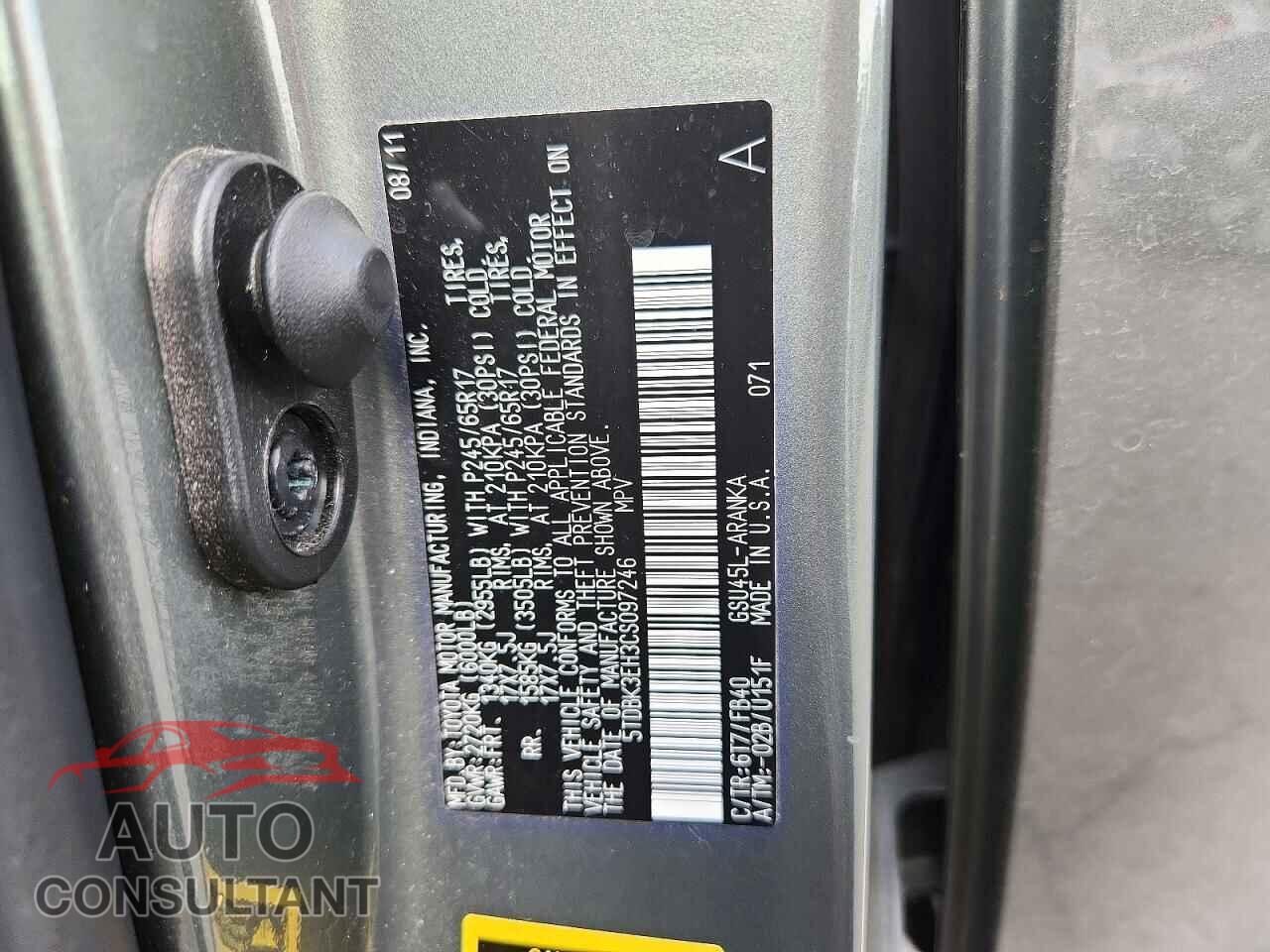 TOYOTA HIGHLANDER 2012 - 5TDBK3EH3CS097246
