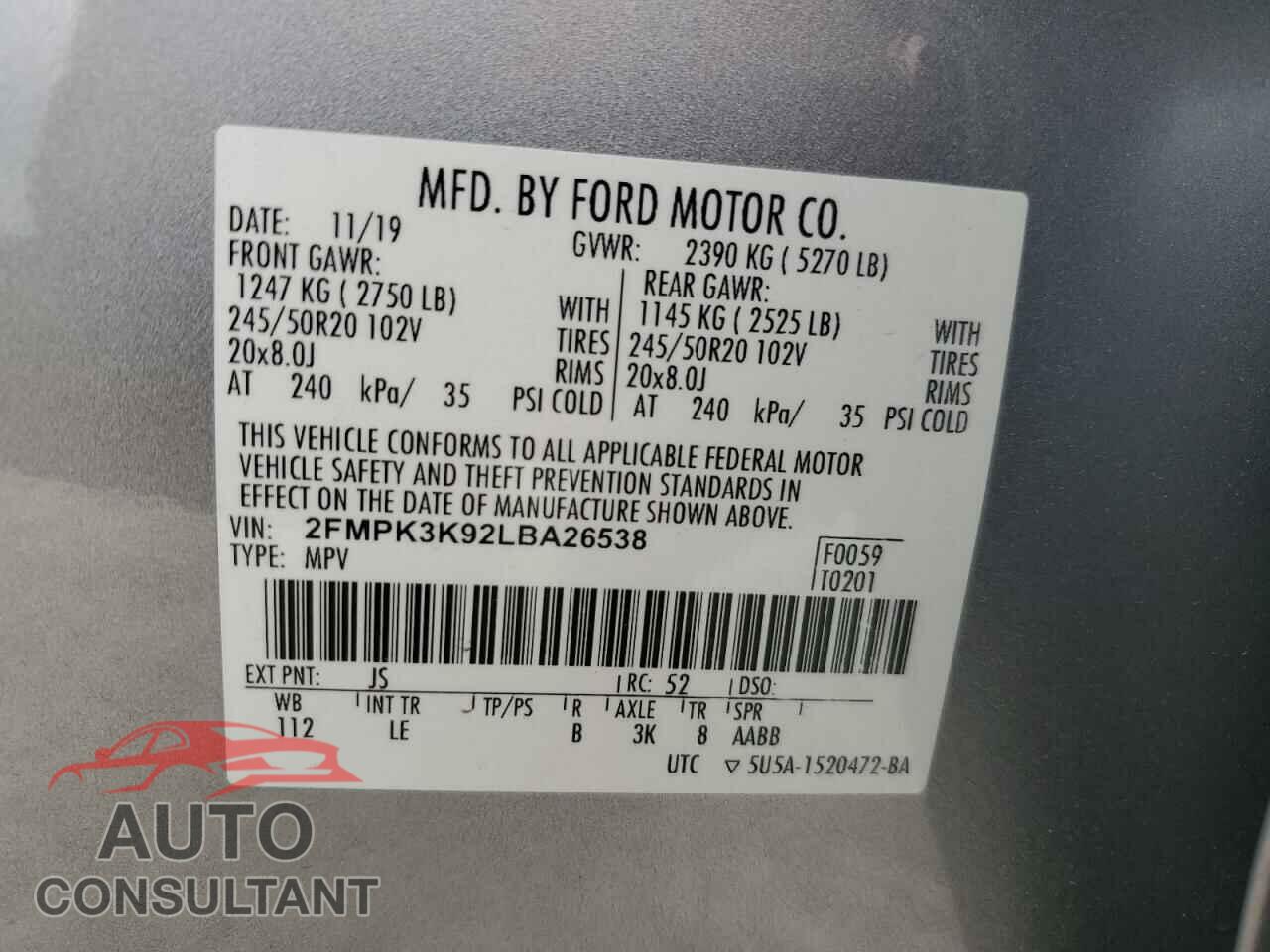 FORD EDGE 2020 - 2FMPK3K92LBA26538