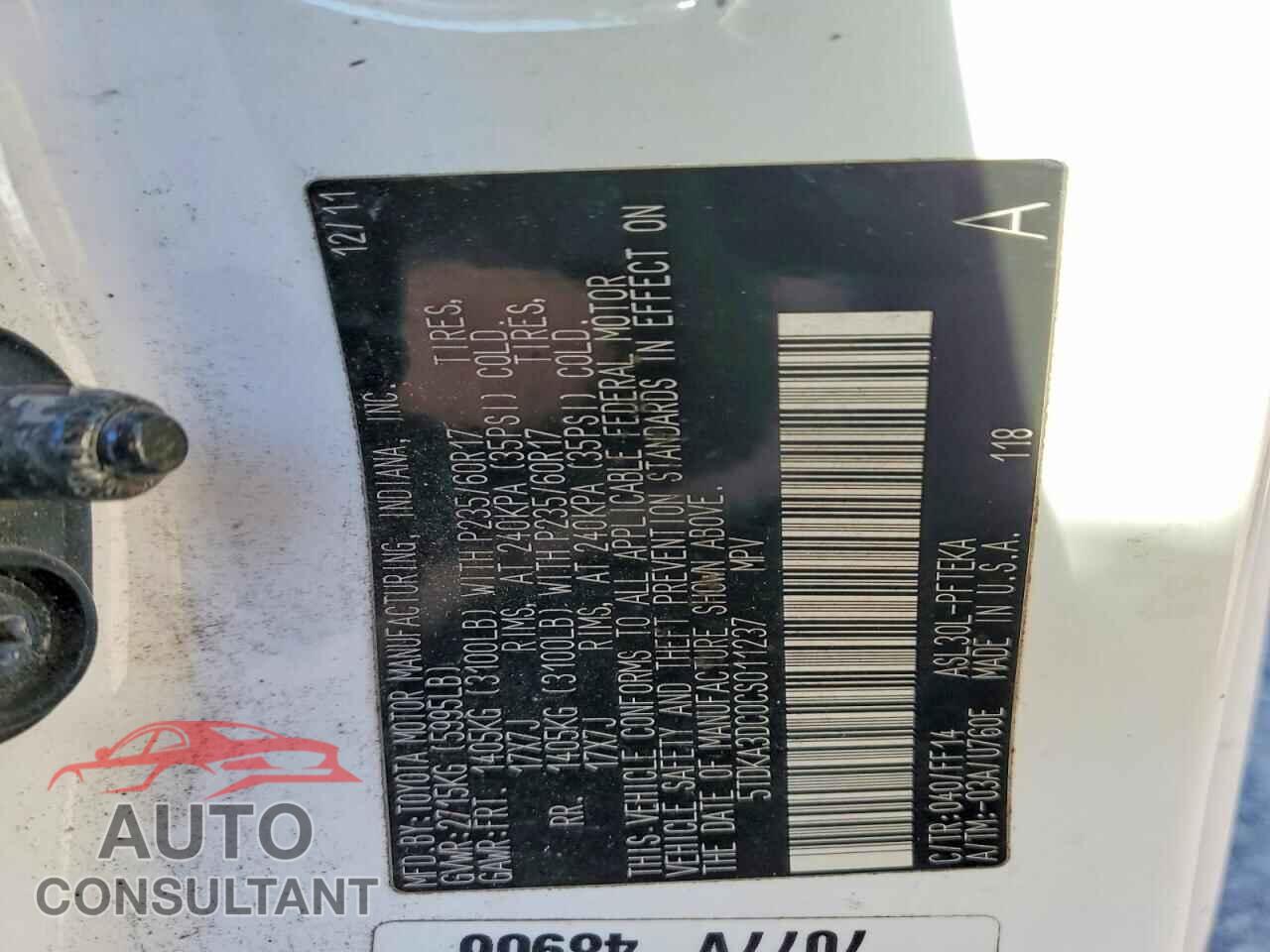 TOYOTA SIENNA 2012 - 5TDKA3DC0CS011237