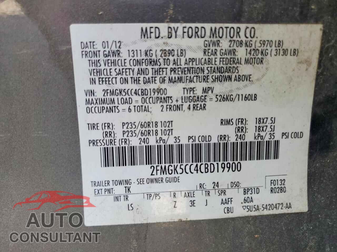 FORD FLEX 2012 - 2FMGK5CC4CBD19900