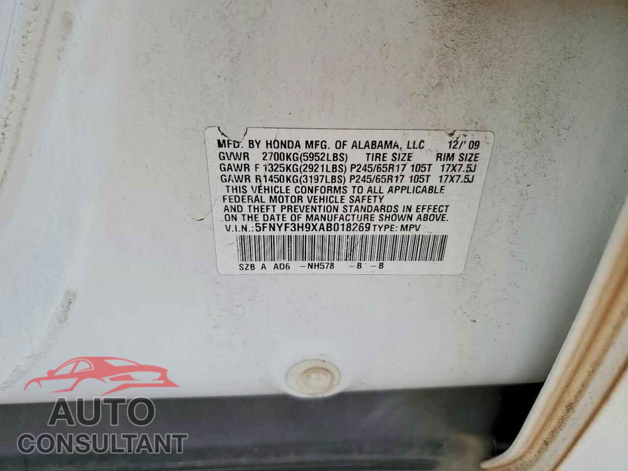 HONDA PILOT 2010 - 5FNYF3H9XAB018269