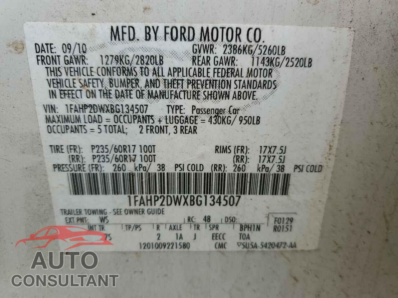 FORD TAURUS 2011 - 1FAHP2DWXBG134507
