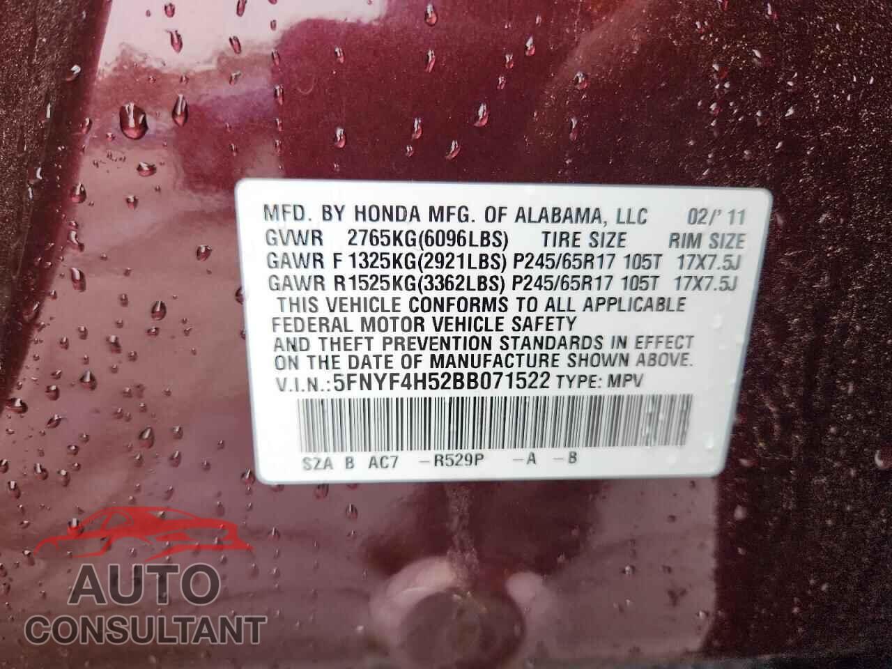 HONDA PILOT 2011 - 5FNYF4H52BB071522