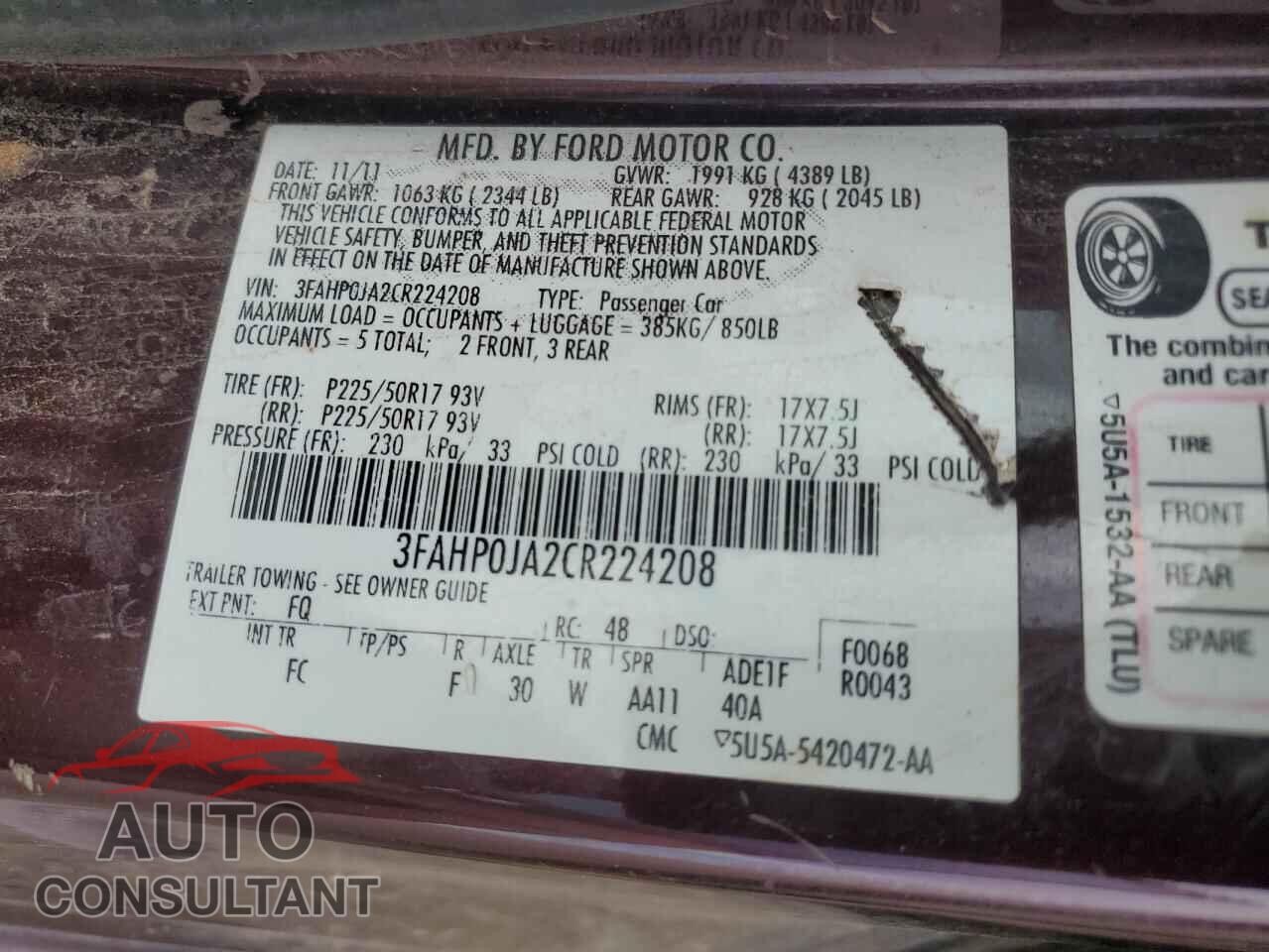 FORD FUSION 2012 - 3FAHP0JA2CR224208