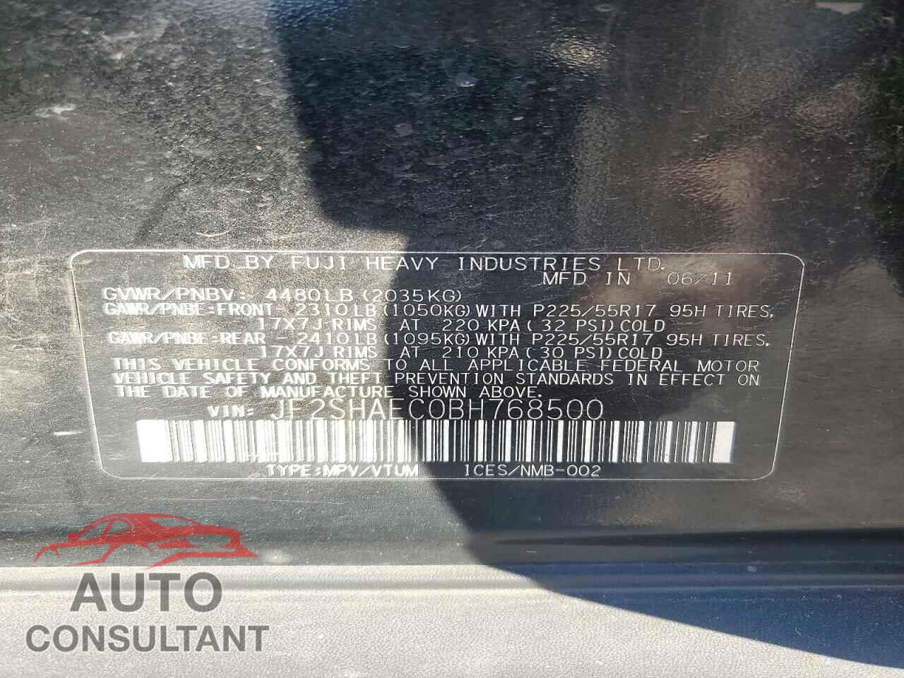SUBARU FORESTER 2011 - JF2SHAEC0BH768500
