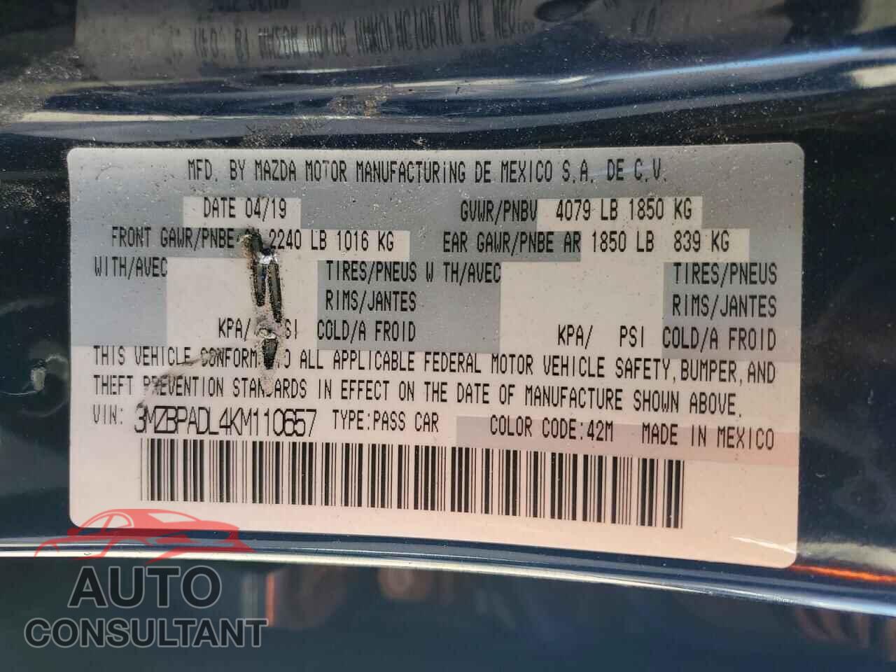 MAZDA 3 2019 - 3MZBPADL4KM110657